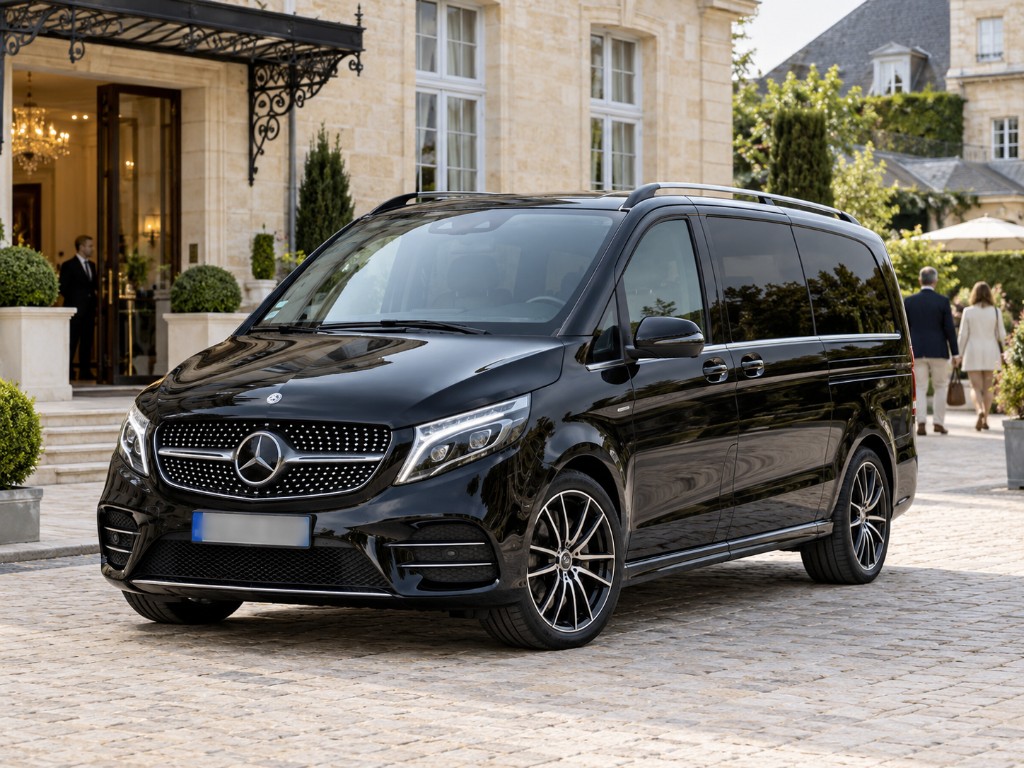 Mercedes Classe V noire devant un hôtel